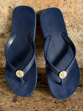Ralph Lauren Navy Flip Flops with Gold RLL Logo